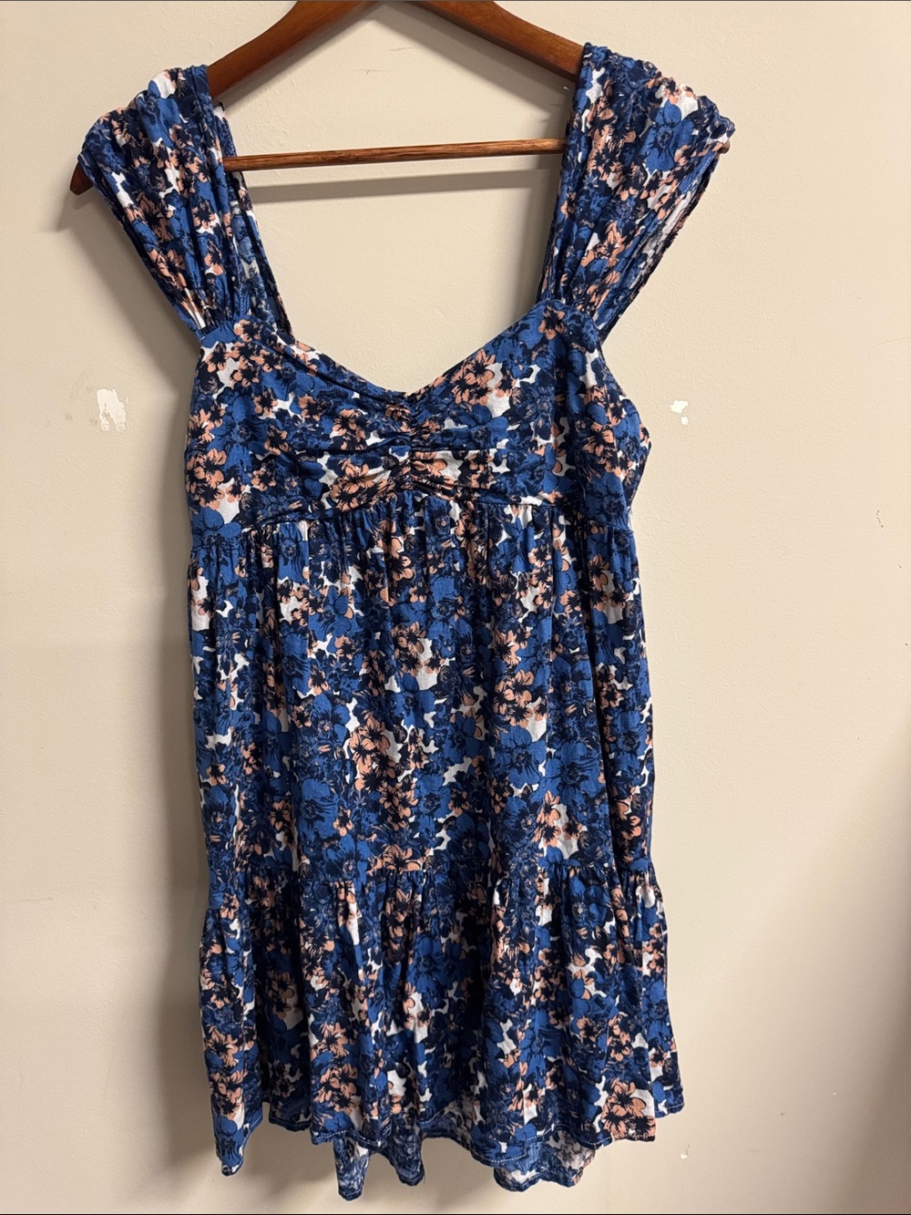 Free People Blue Floral Tiered Mini Dress with Pink Accents